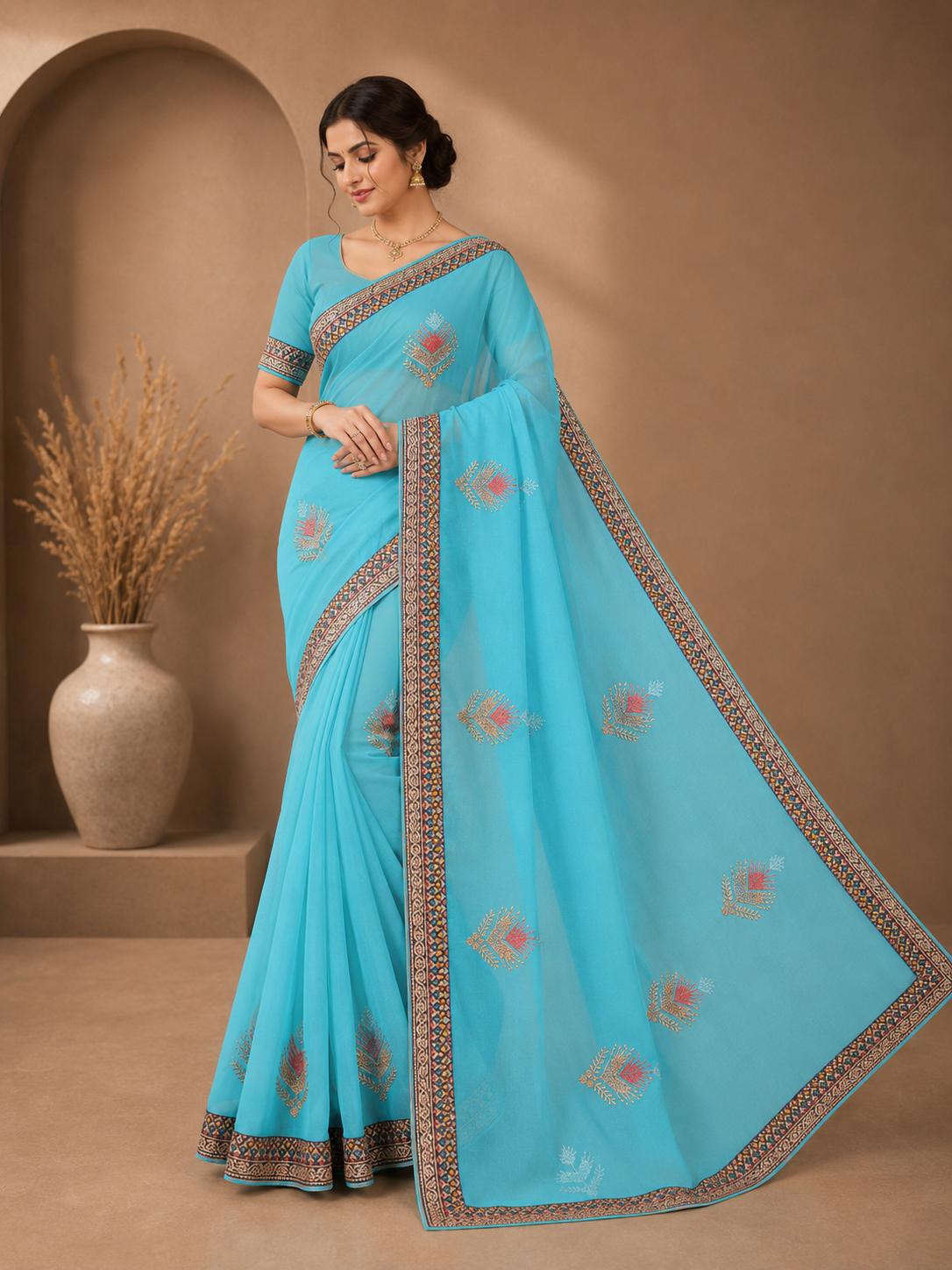 💙 Turquoise Blue Embroidered Saree Turquoise Blue Embroidered Designer Saree